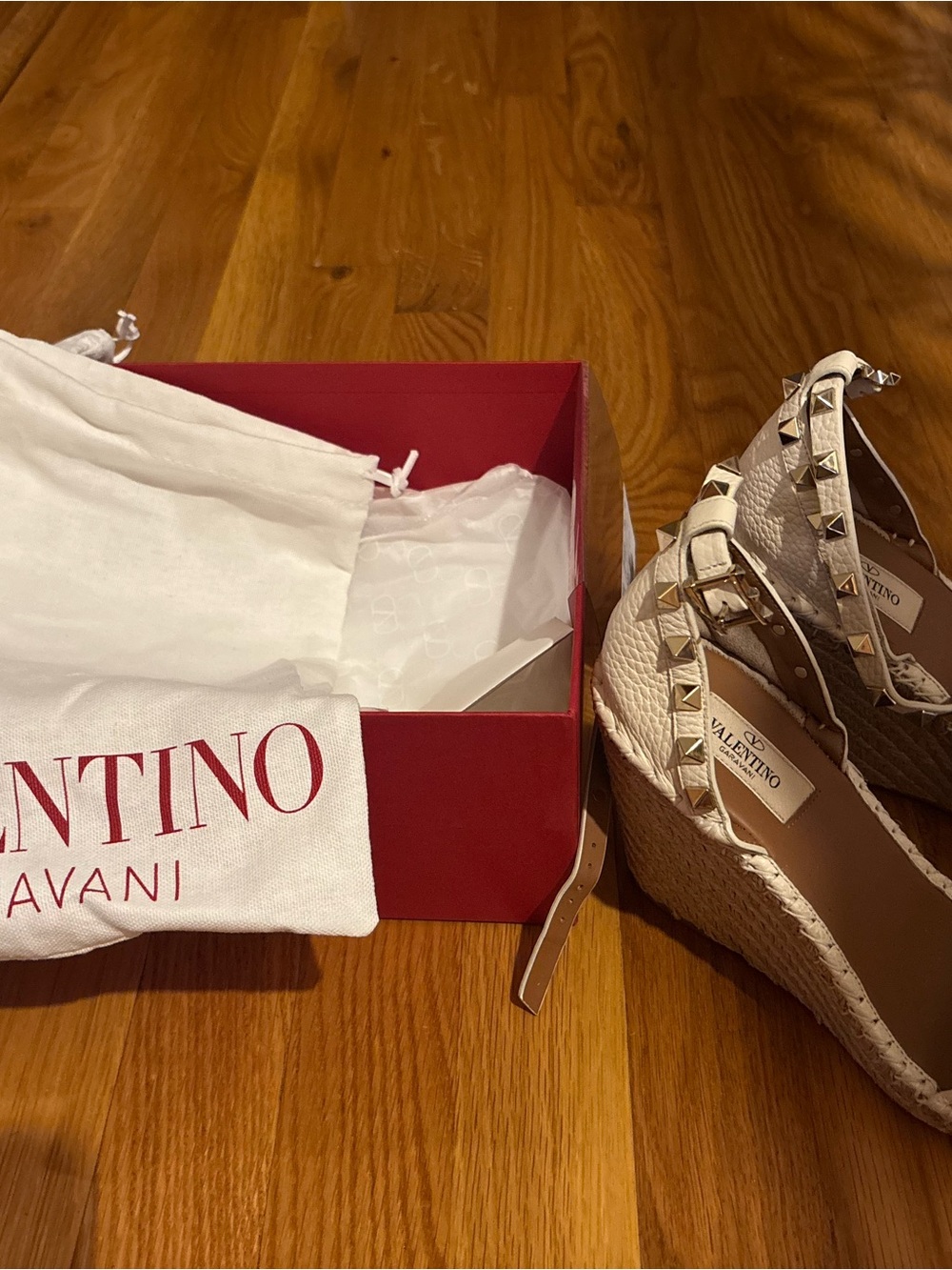 Valentino White Leather Rockstud Espadrille Wedges